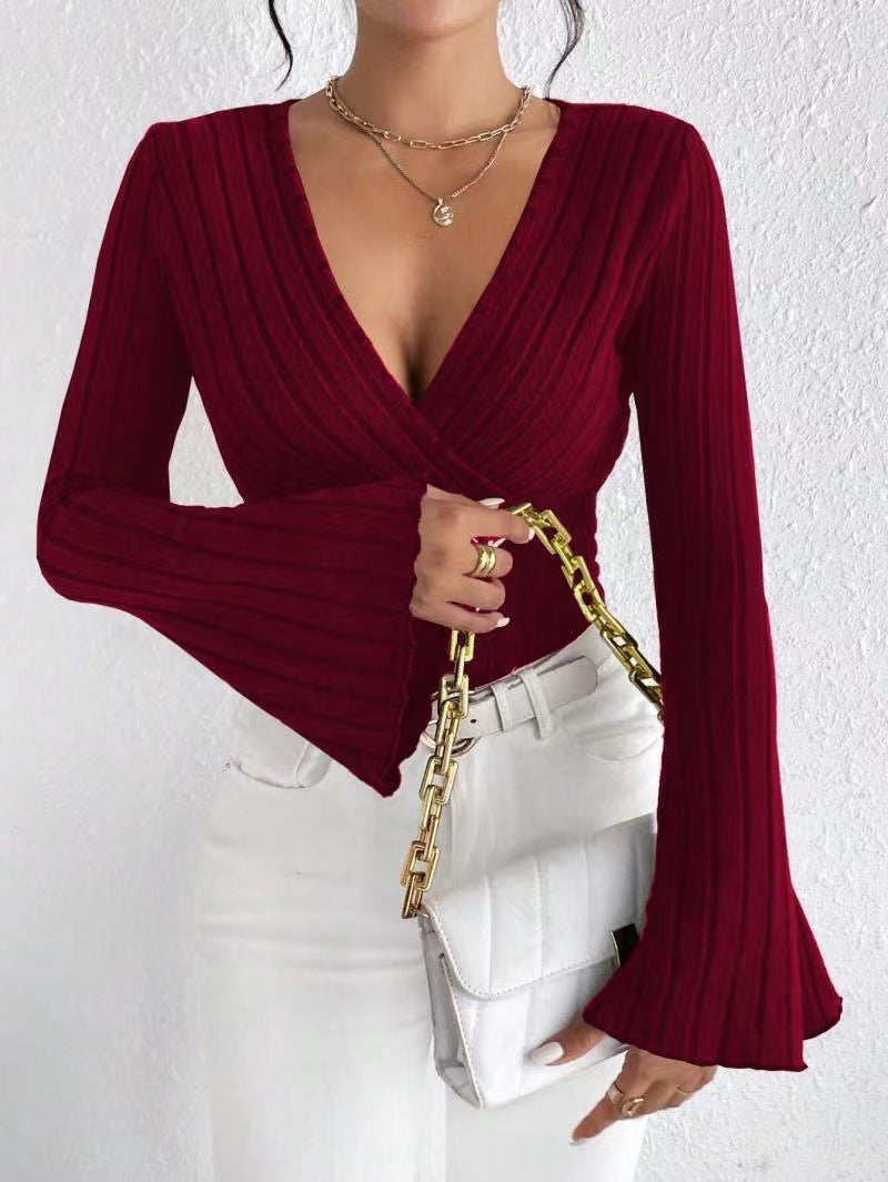 Miss Velora Leyla Ribbed Bell-Sleeve Top in Wine Red