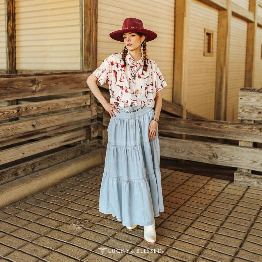Miss Velora Calypso Denim Maxi Skirt in Light Blue