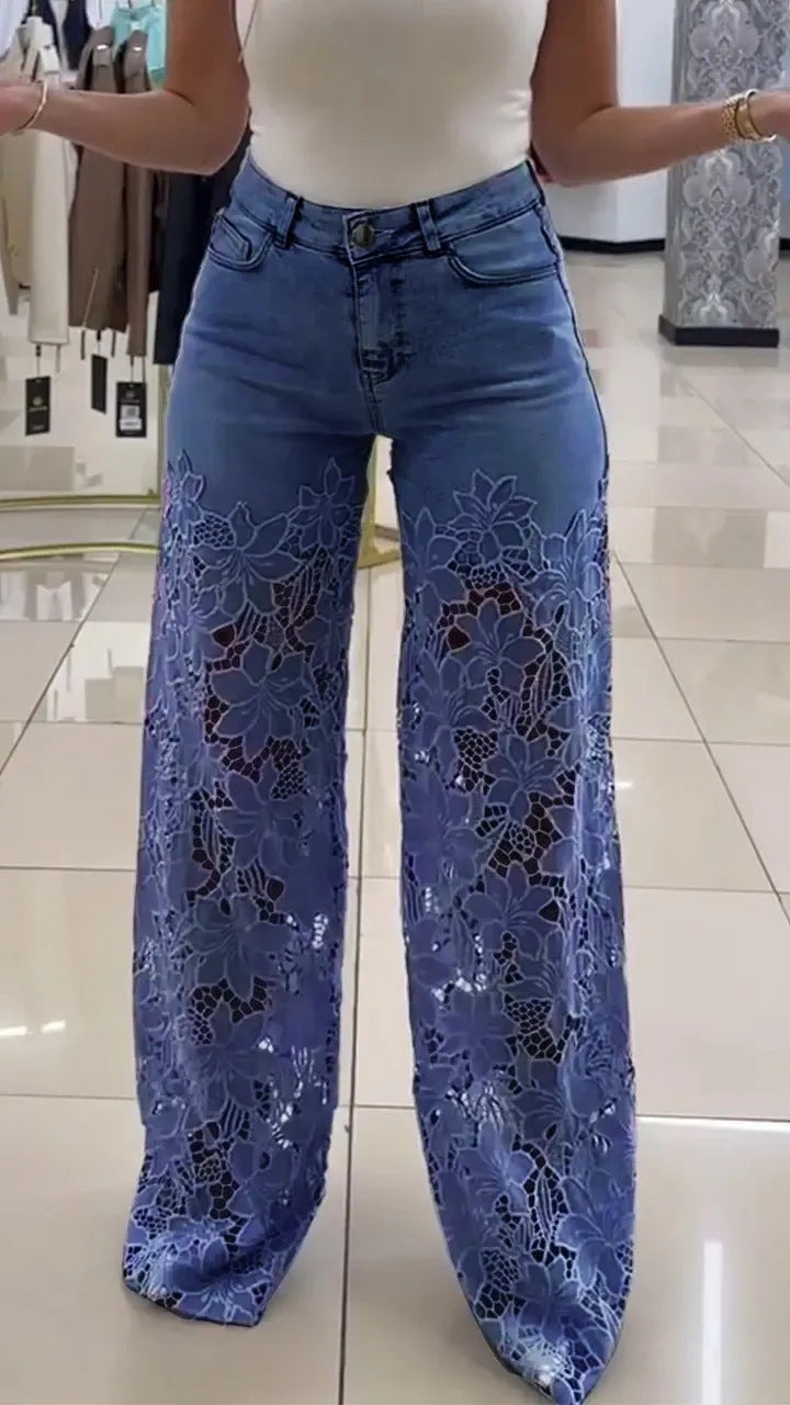 Miss Velora Lorena Lace Wide-Leg Pants in Dark Blue