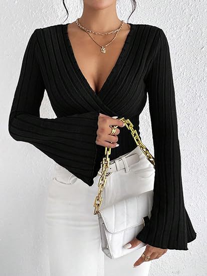 Miss Velora Leyla Ribbed Bell-Sleeve Top in Black