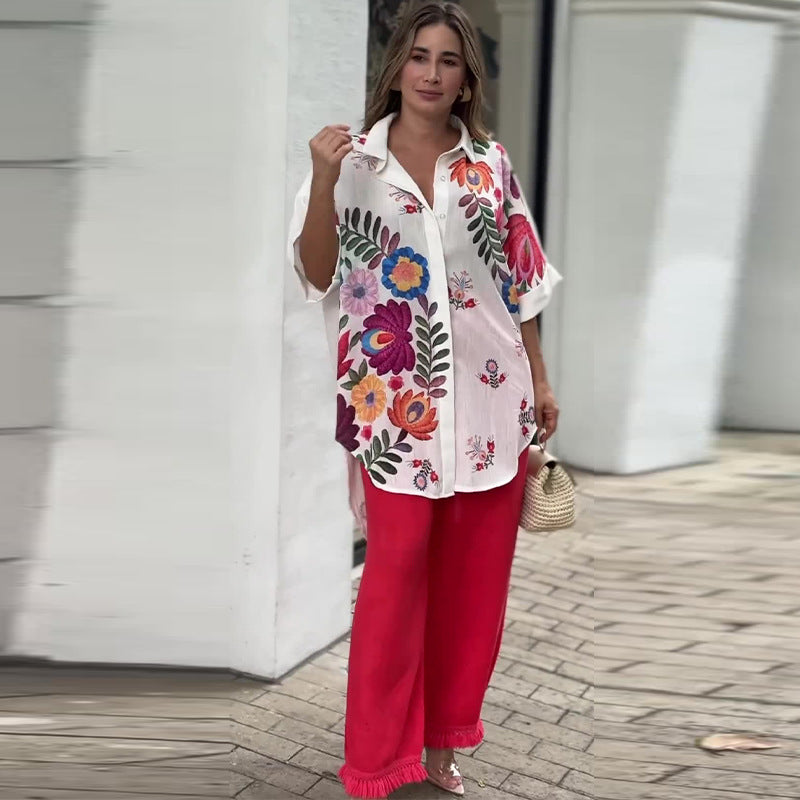 Miss Velora Alba Floral Long Shirt in White