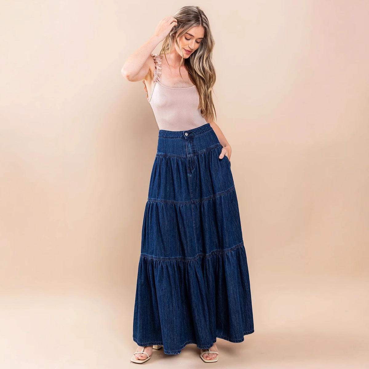 Miss Velora Calypso Denim Maxi Skirt in Dark Blue