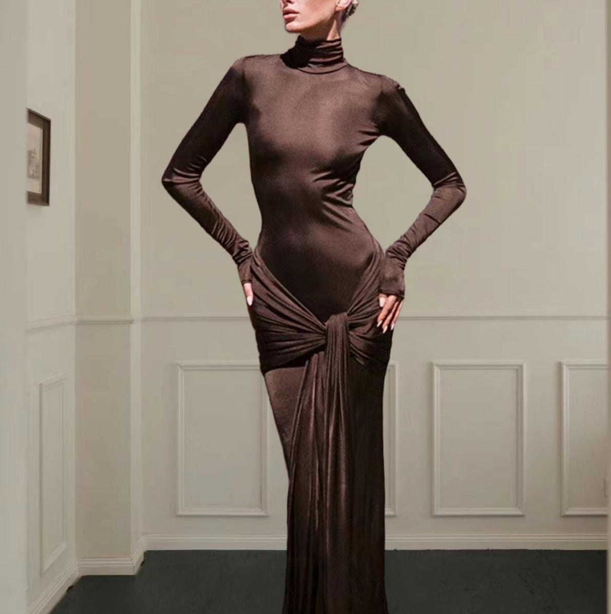 Miss Velora Valentina Lace-Up Maxi Dress in Brown
