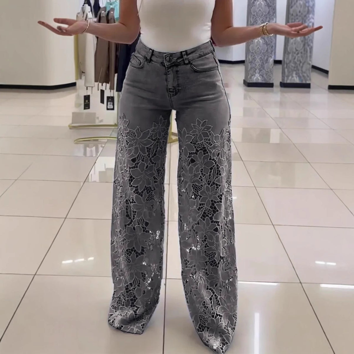 Miss Velora Lorena Lace Wide-Leg Pants in Gray