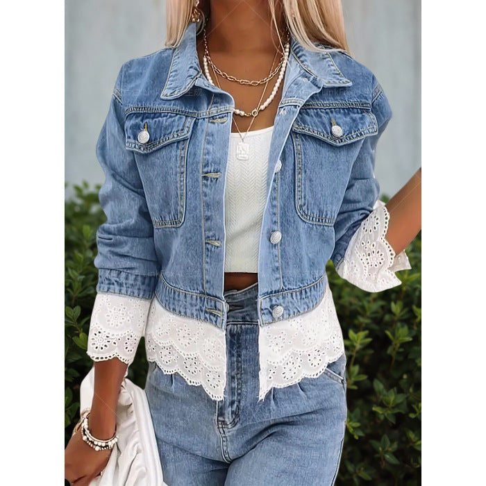 Miss Velora Fiore Lace Denim Jacket in Blue