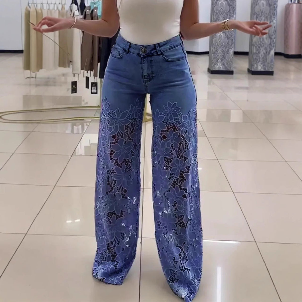 Miss Velora Lorena Lace Wide-Leg Pants in Dark Blue