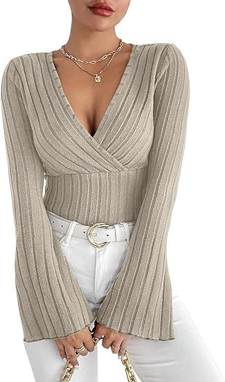 Miss Velora Leyla Ribbed Bell-Sleeve Top in Khaki