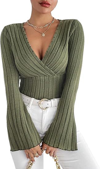 Miss Velora Leyla Ribbed Bell-Sleeve Top in Army Green
