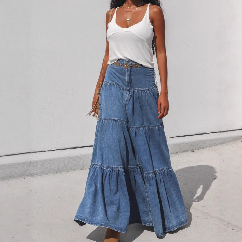 Miss Velora Calypso Denim Maxi Skirt in Blue