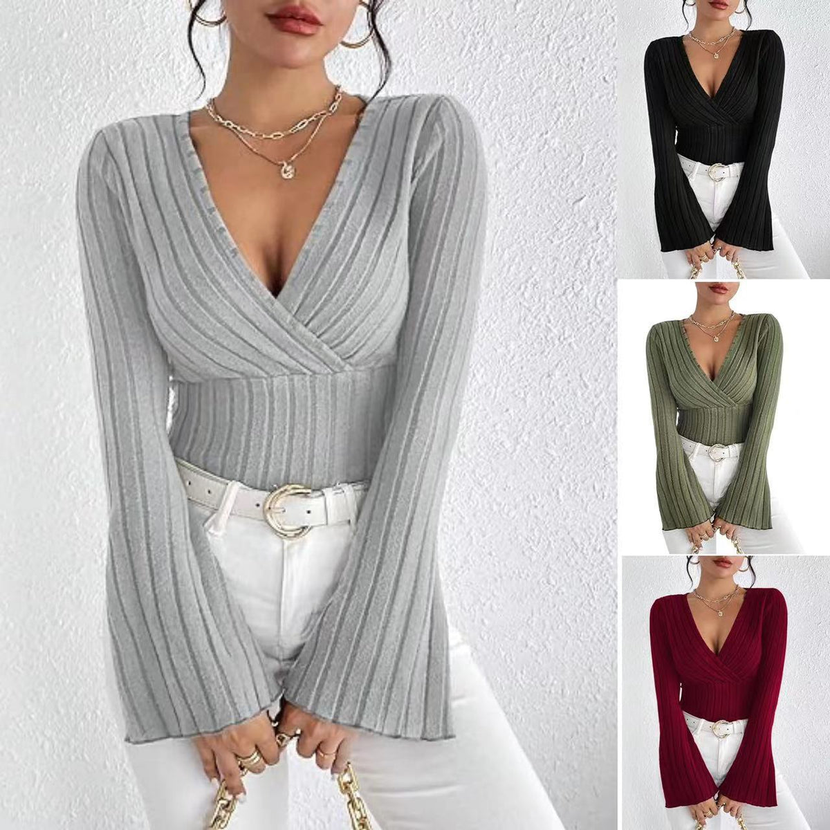 Miss Velora Leyla Ribbed Bell-Sleeve Top, main product image