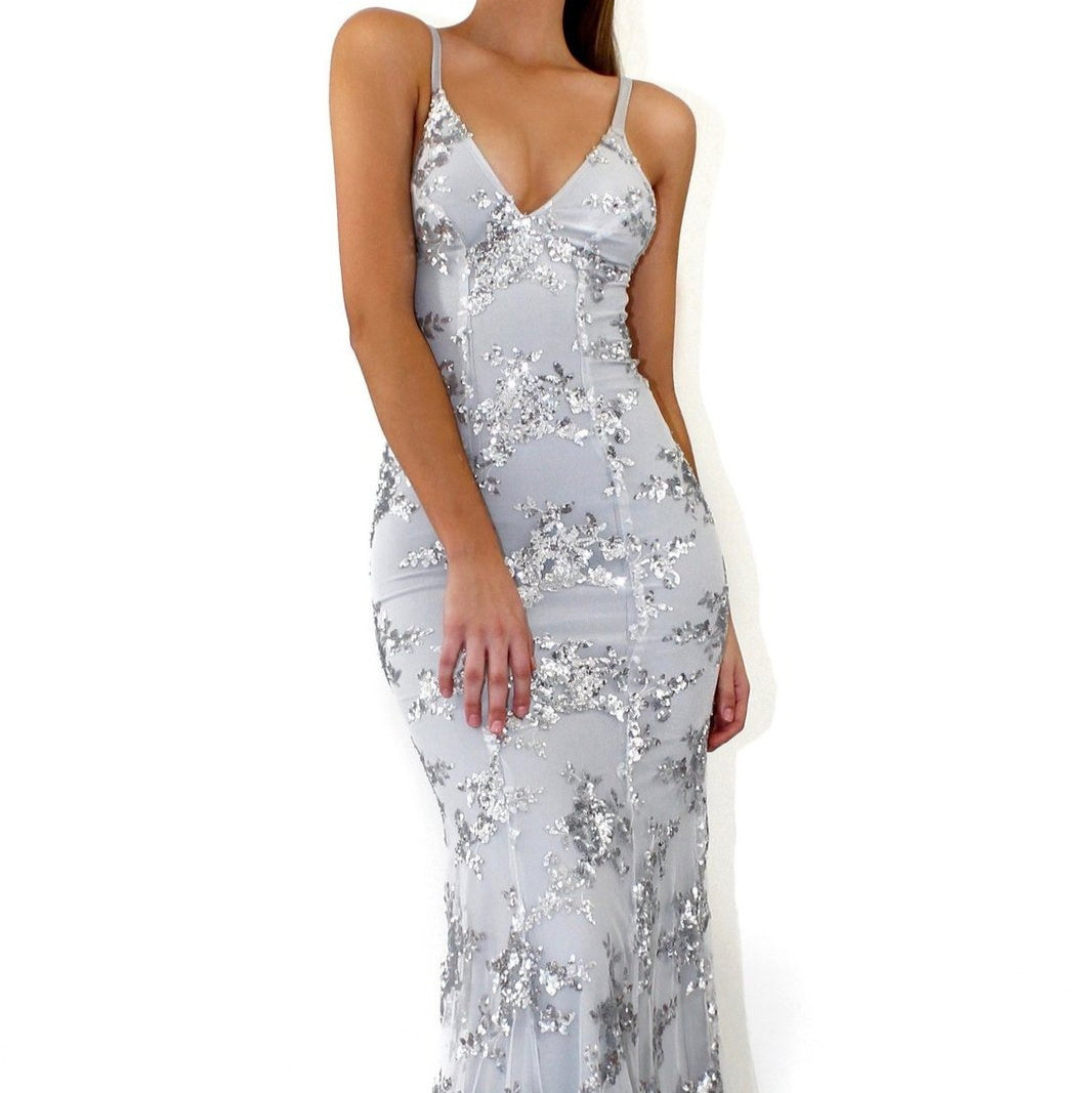 Miss Velora Estrella Sequin Maxi Dress in Gray