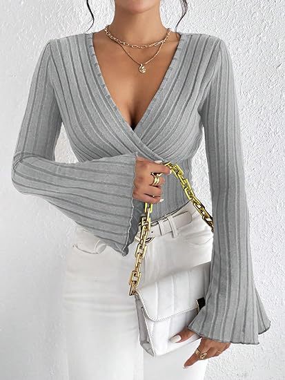 Miss Velora Leyla Ribbed Bell-Sleeve Top in Gray