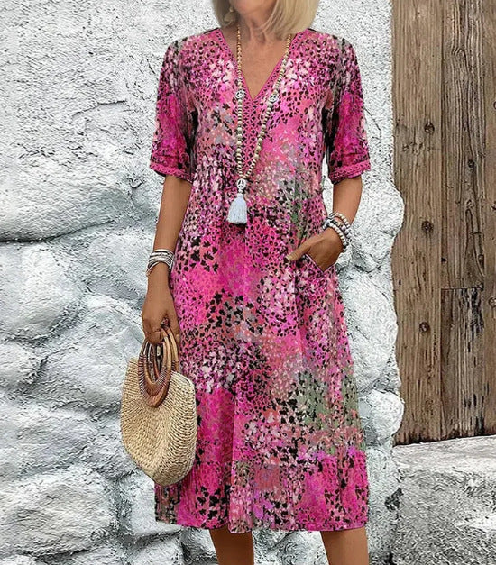 Miss Velora Safira Printed Midi Dress in Rose Red