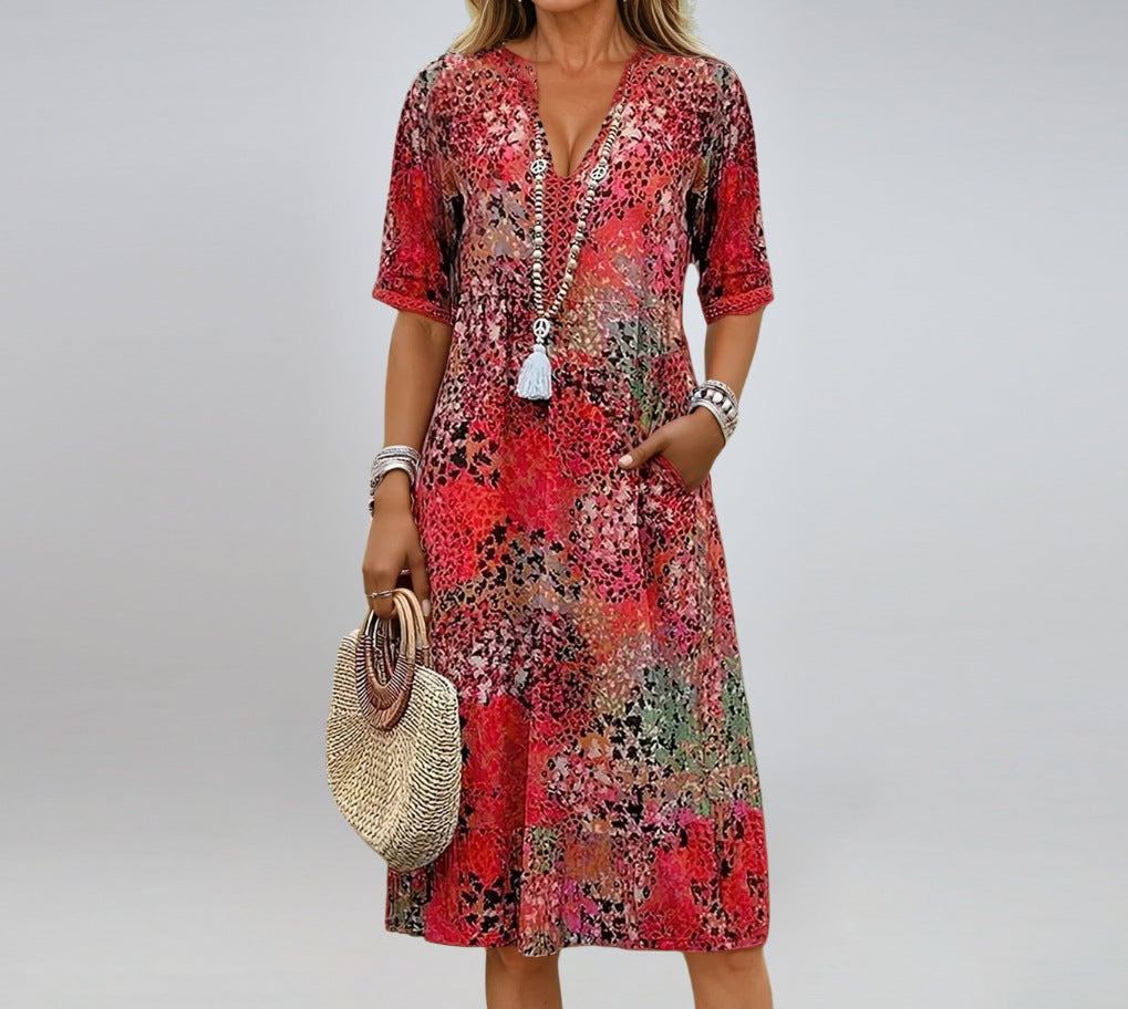 Miss Velora Safira Printed Midi Dress in Watermelon Red